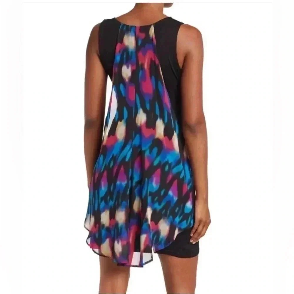 ❤️2/$50❤️[S]Papillon Black Jersey Tank Tunic Dress with Watercolor Print Overlay - Picture 2 of 11